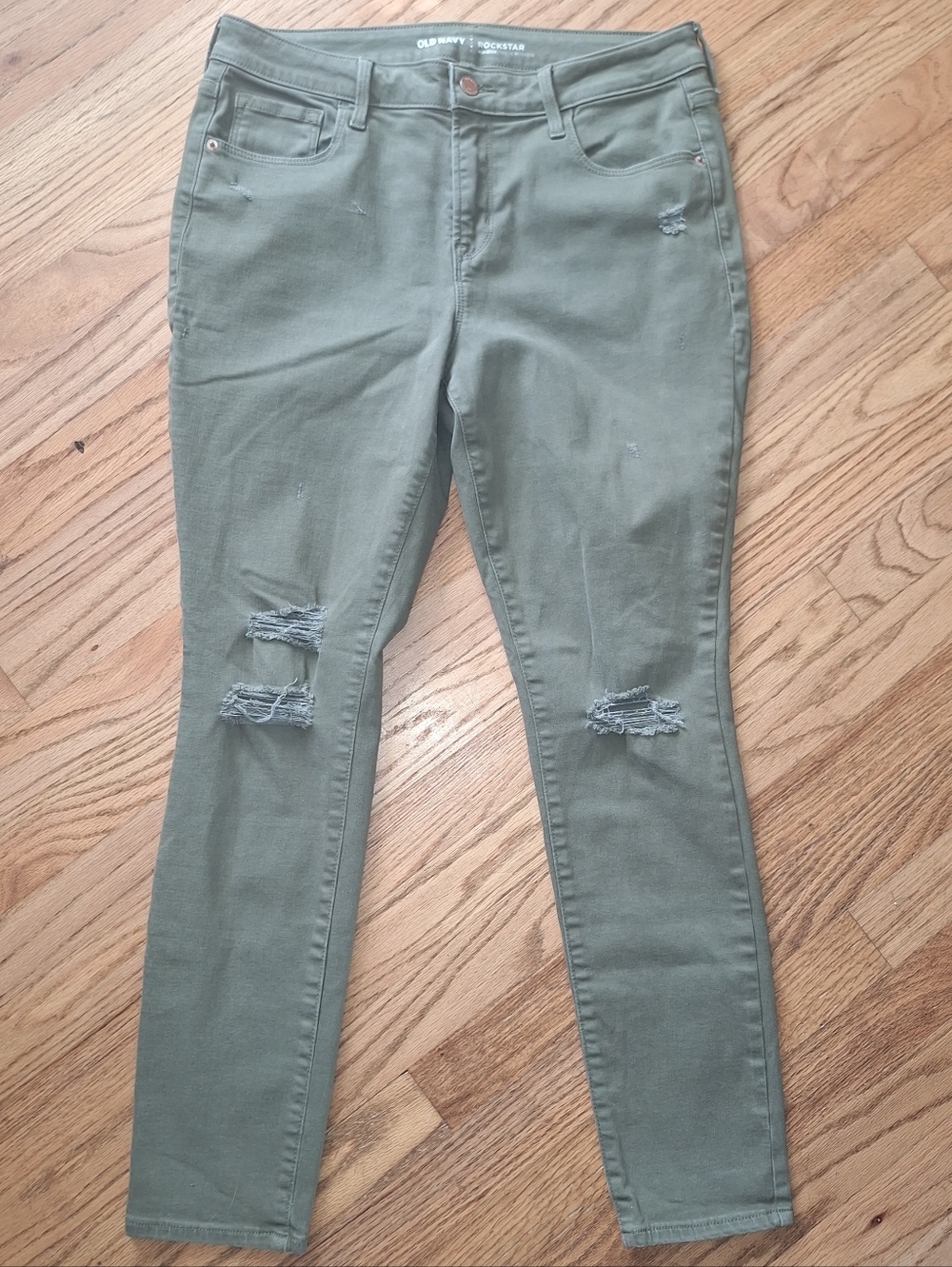 Old Navy Rockstar Mid Rise Pants Green Khaki Distressed 10 Womens